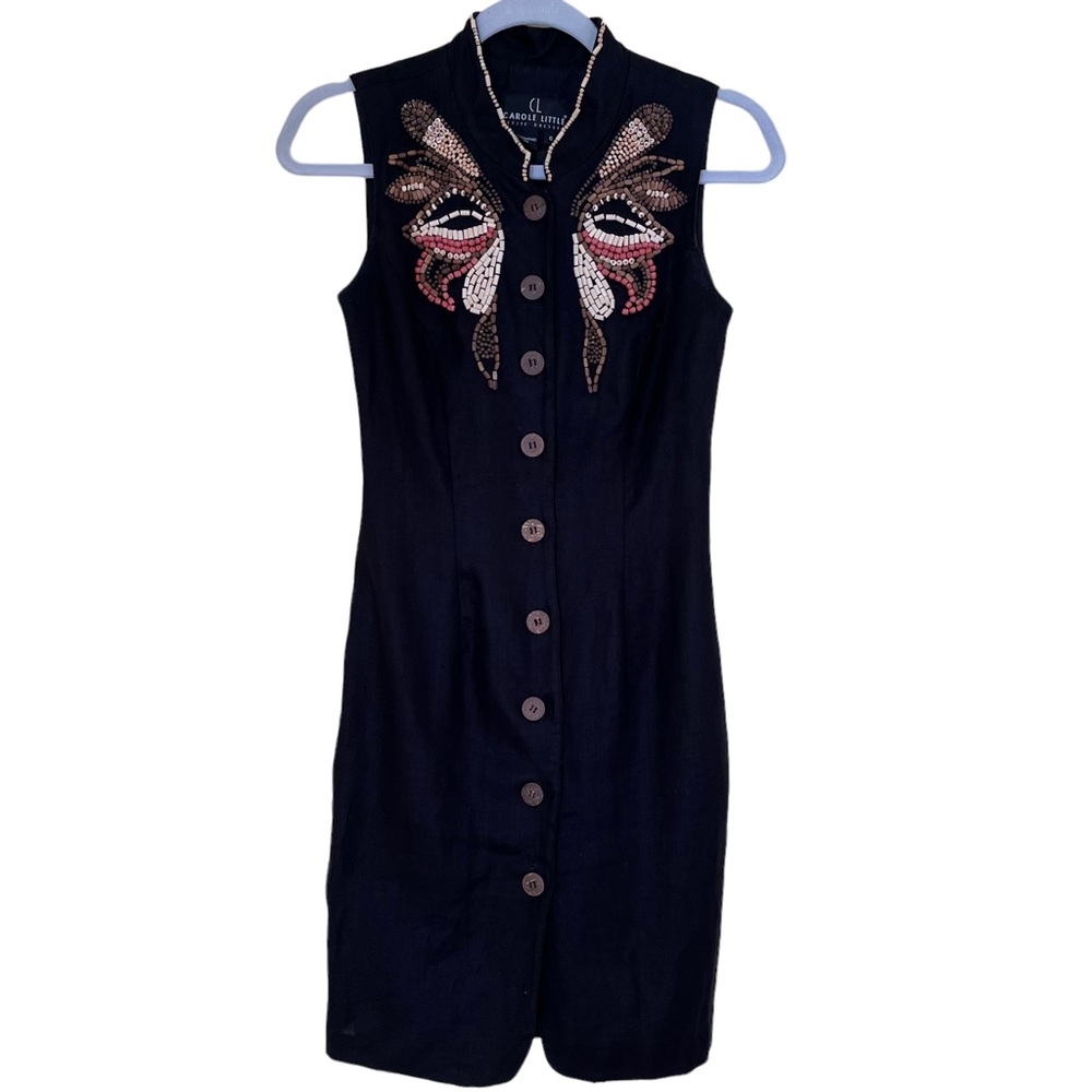 Carole Little Vintage Black Linen Button Front Sheath Dress with Beading Detail